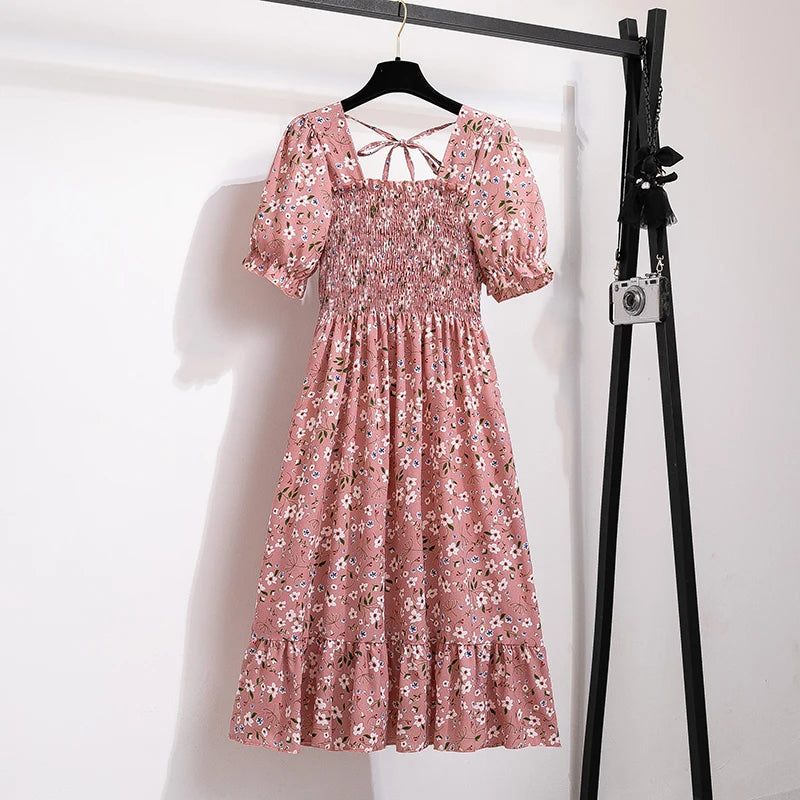 Chiffon Dress Fashion Women Elastic Waist Short Sleeve Pleated Casual Dress Women A-Line Dress Vestidos
