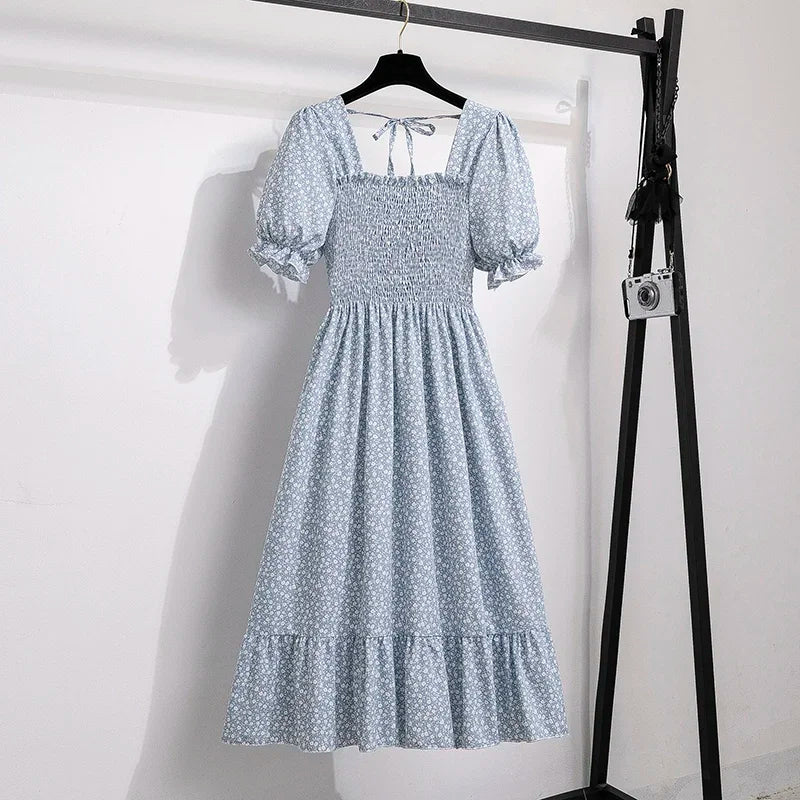 Chiffon Dress Fashion Women Elastic Waist Short Sleeve Pleated Casual Dress Women A-Line Dress Vestidos