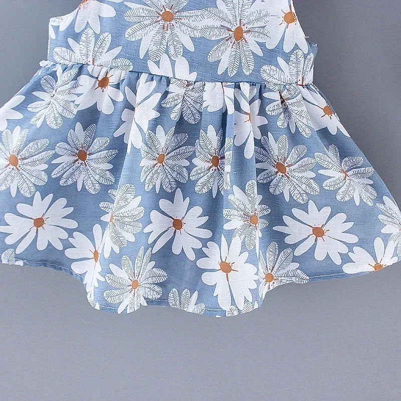 Girls' Floral Printed Little Fresh Daily Sweet Princess Dress with Bow