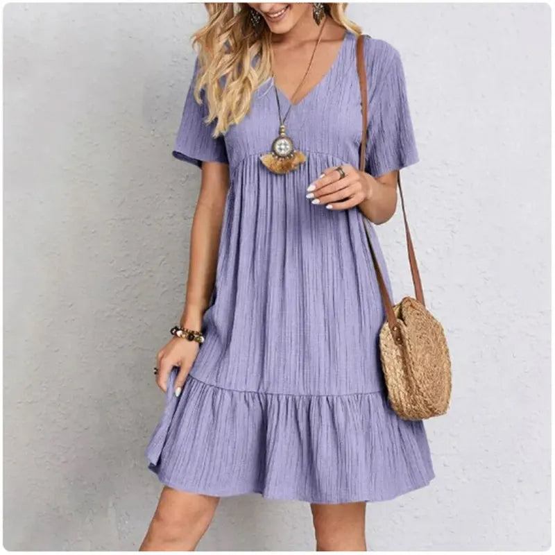 Women's Peplum Dress Spring V-Neck Short Sleeve Loose Waist Ruffle Fit Flare Vocation Dress
