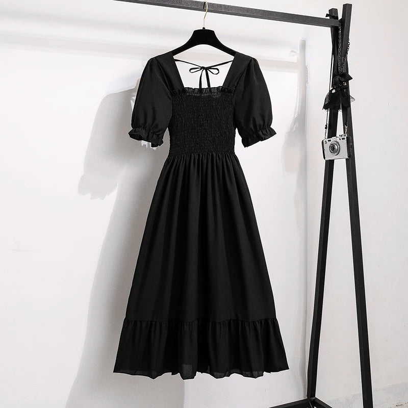 Chiffon Dress Fashion Women Elastic Waist Short Sleeve Pleated Casual Dress Women A-Line Dress Vestidos