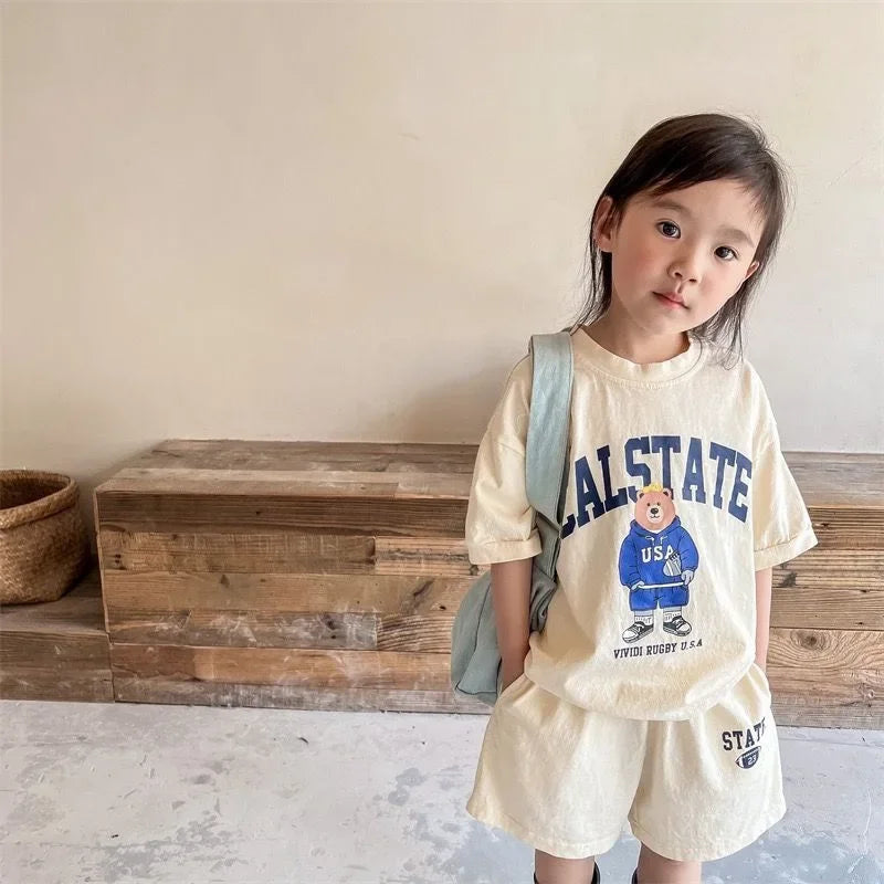 Girls Clothing Set Cartoon Bear T-Shirt and Shorts Suit Kid Casual Top Bottom Clothing Tracksuit