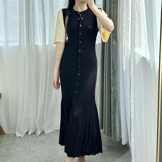 Openwork French Slimming A-line Short-Sleeve Knitted Dress, Fishtail Long Dress for Women