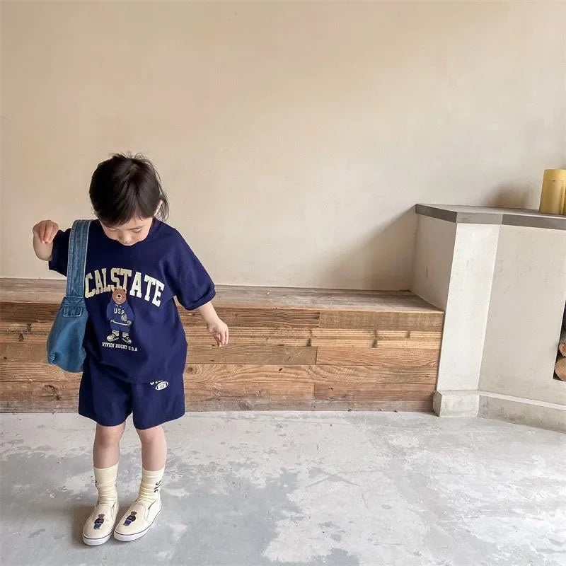 Girls Clothing Set Cartoon Bear T-Shirt and Shorts Suit Kid Casual Top Bottom Clothing Tracksuit