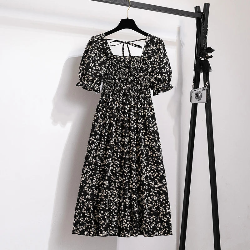 Chiffon Dress Fashion Women Elastic Waist Short Sleeve Pleated Casual Dress Women A-Line Dress Vestidos