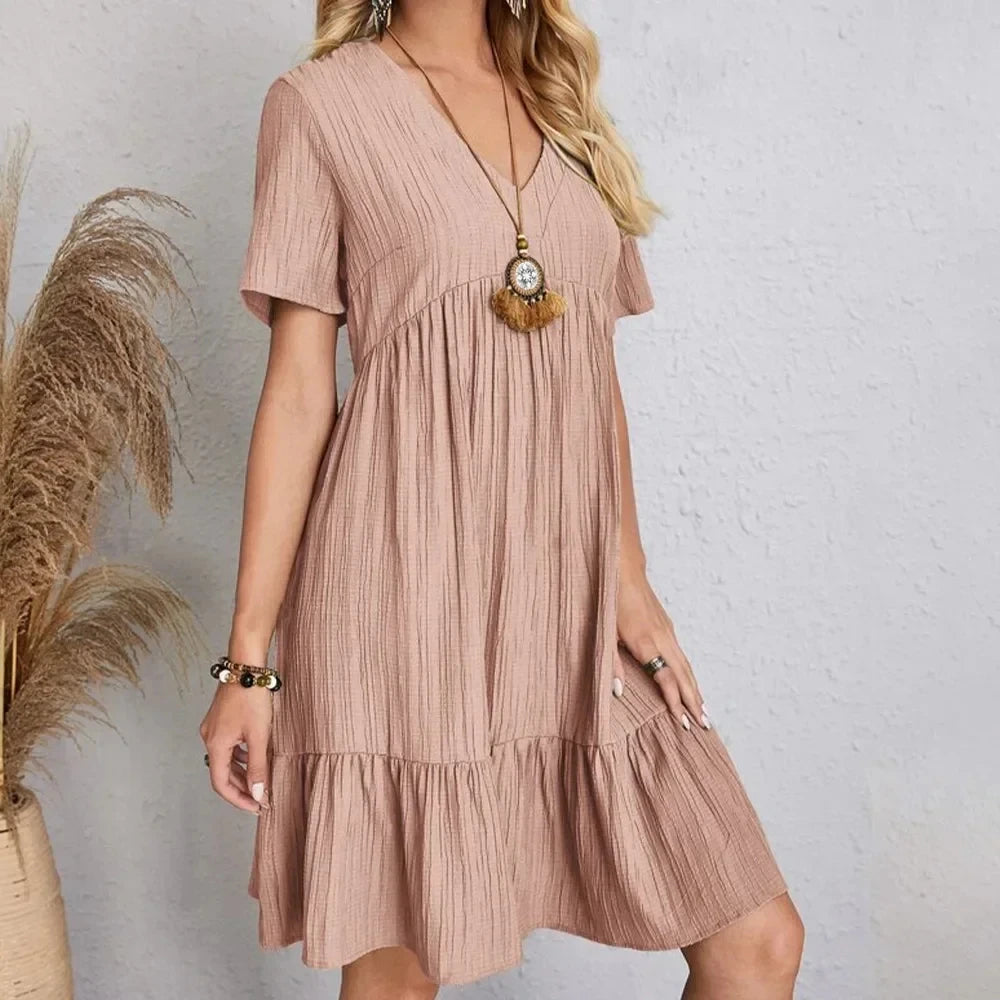Women's Peplum Dress Spring V-Neck Short Sleeve Loose Waist Ruffle Fit Flare Vocation Dress