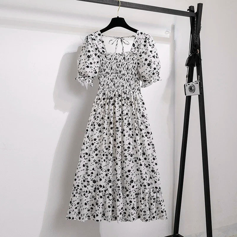 Chiffon Dress Fashion Women Elastic Waist Short Sleeve Pleated Casual Dress Women A-Line Dress Vestidos