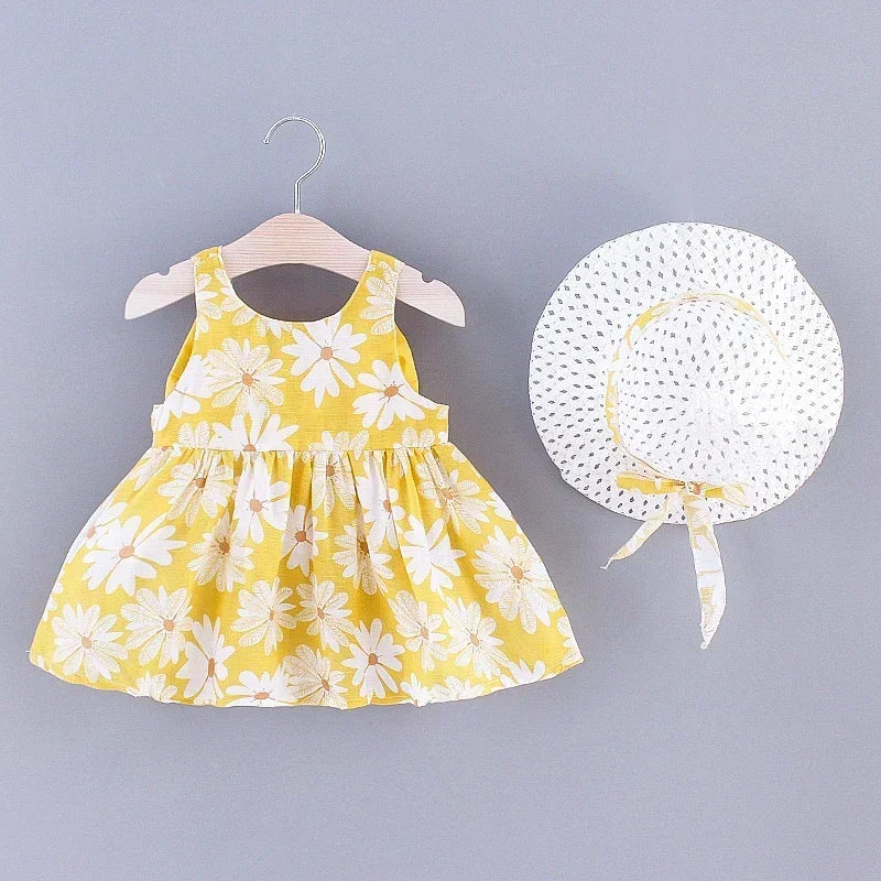 Girls' Floral Printed Little Fresh Daily Sweet Princess Dress with Bow