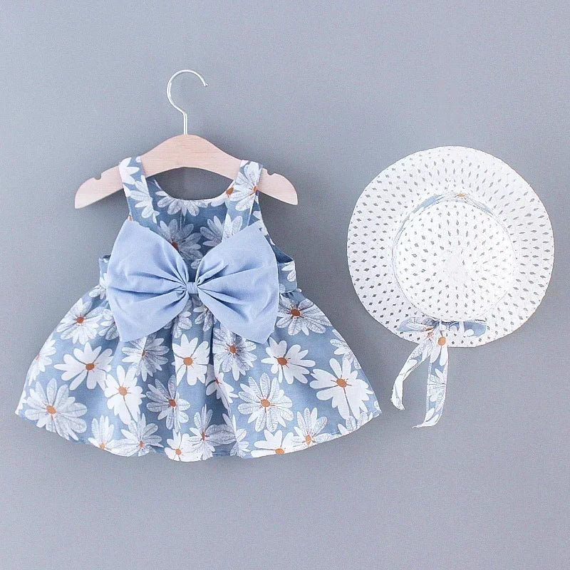 Girls' Floral Printed Little Fresh Daily Sweet Princess Dress with Bow