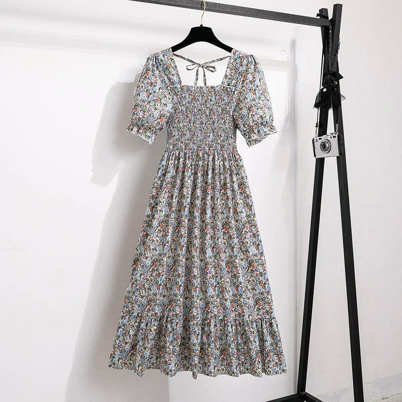 Chiffon Dress Fashion Women Elastic Waist Short Sleeve Pleated Casual Dress Women A-Line Dress Vestidos
