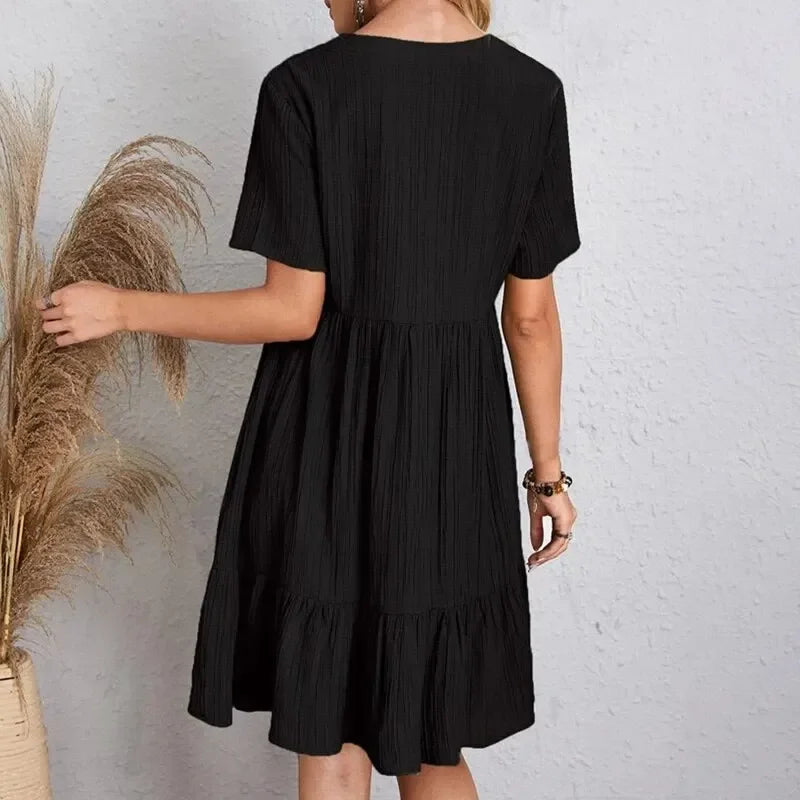 Women's Peplum Dress Spring V-Neck Short Sleeve Loose Waist Ruffle Fit Flare Vocation Dress