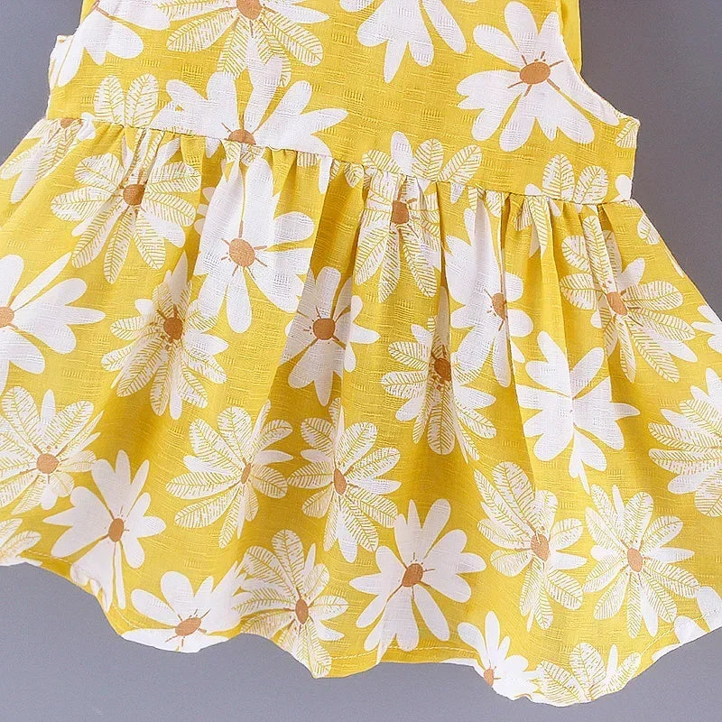Girls' Floral Printed Little Fresh Daily Sweet Princess Dress with Bow