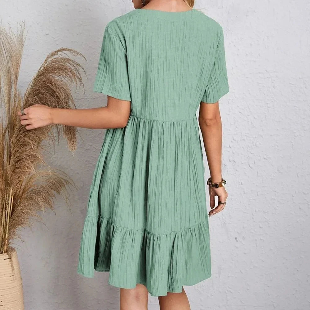 Women's Peplum Dress Spring V-Neck Short Sleeve Loose Waist Ruffle Fit Flare Vocation Dress