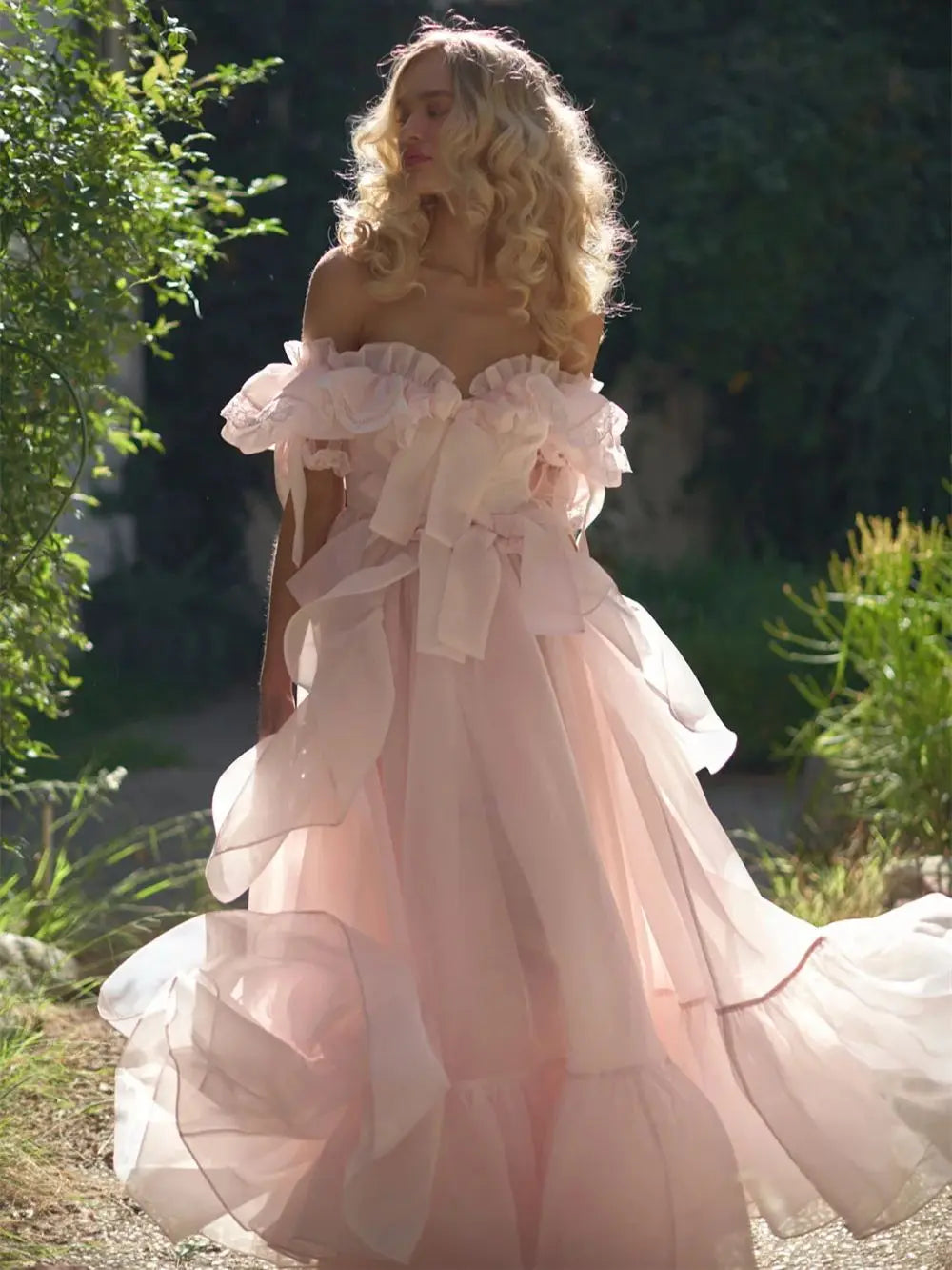 Sansa  Pink Off Shoulder Prom Dress Sweet Edge Curl Organza Vestidos De Noche Puffy Prom Dress Customized