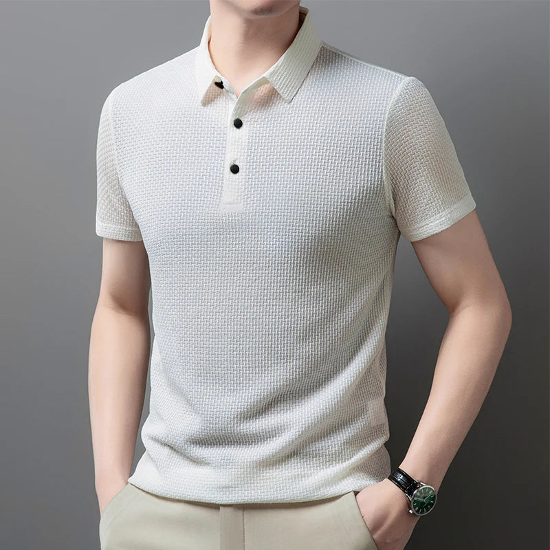 Men's Casual Short Sleeve Bone Floral Solid Color Polo Shirt Fashionable Breathable Comfortable