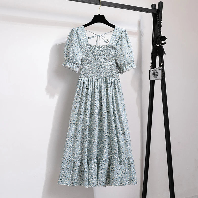 Chiffon Dress Fashion Women Elastic Waist Short Sleeve Pleated Casual Dress Women A-Line Dress Vestidos
