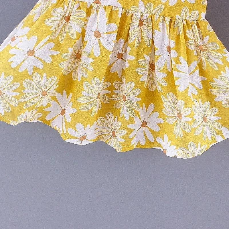 Girls' Floral Printed Little Fresh Daily Sweet Princess Dress with Bow