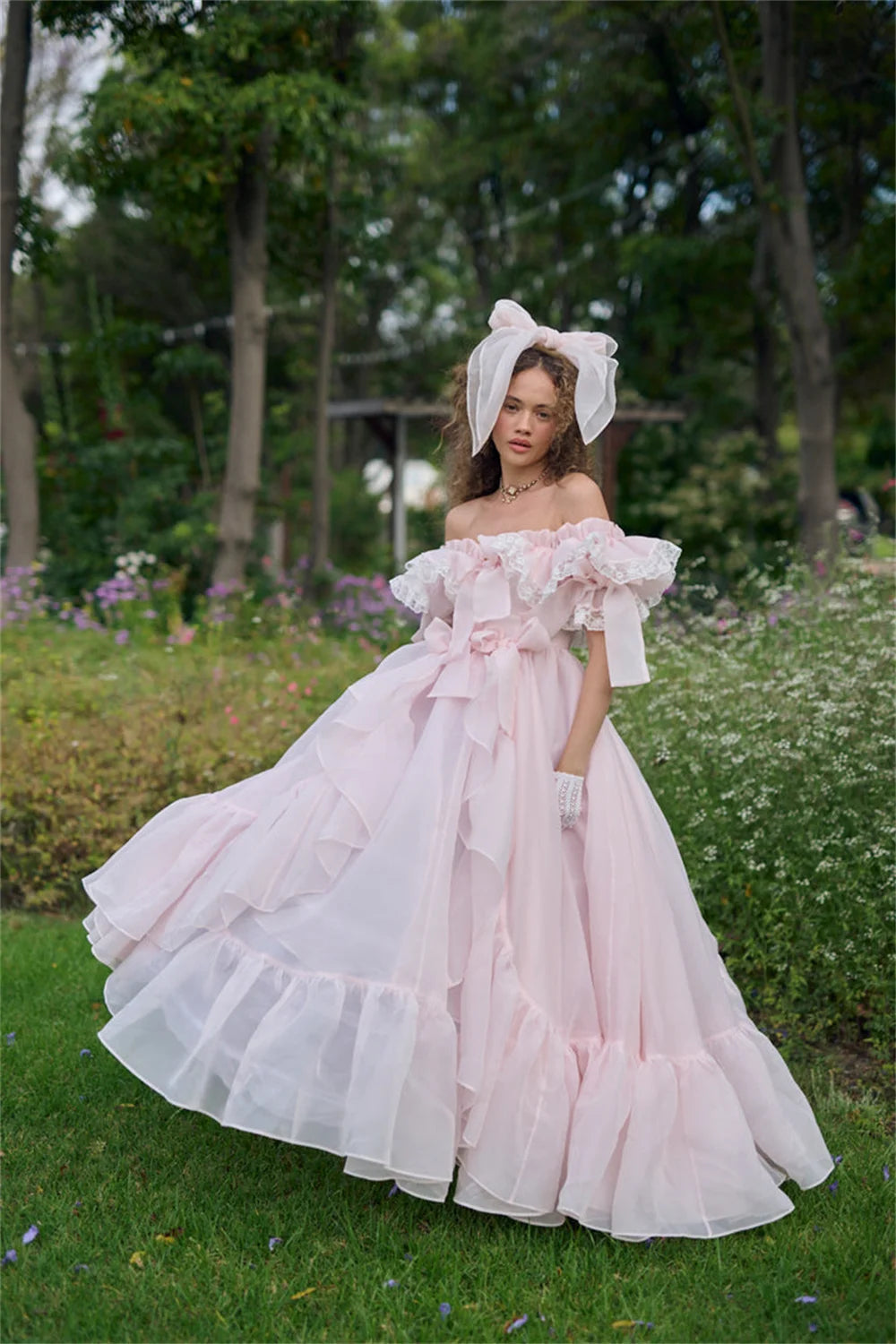 Sansa  Pink Off Shoulder Prom Dress Sweet Edge Curl Organza Vestidos De Noche Puffy Prom Dress Customized