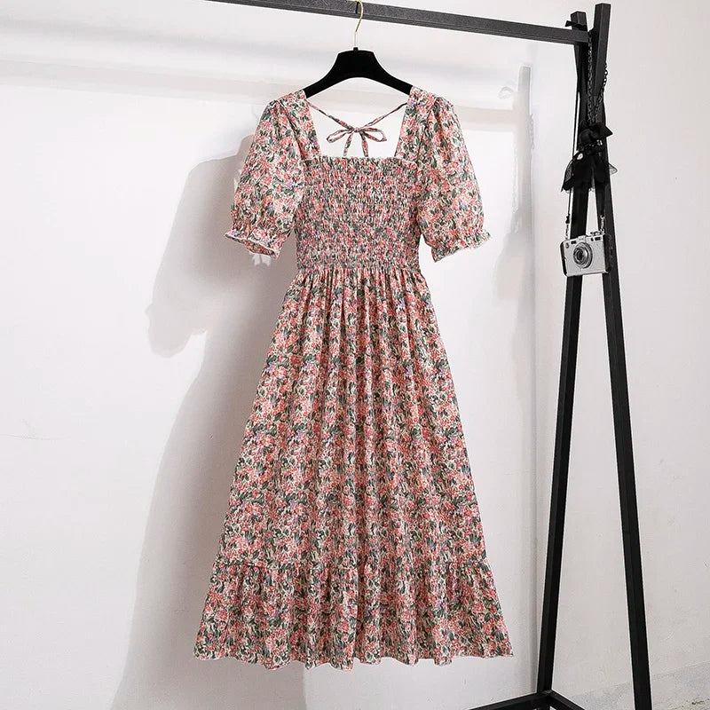Chiffon Dress Fashion Women Elastic Waist Short Sleeve Pleated Casual Dress Women A-Line Dress Vestidos