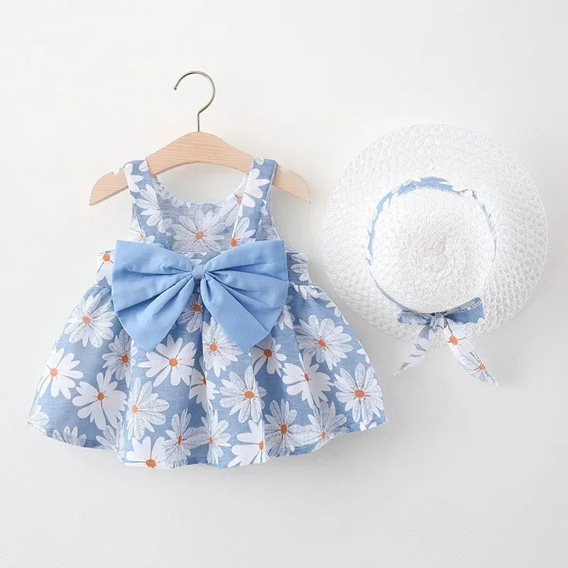 Girls' Floral Printed Little Fresh Daily Sweet Princess Dress with Bow