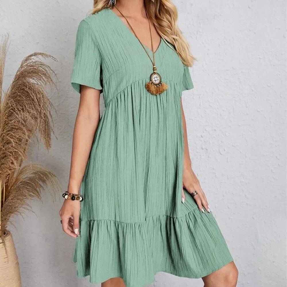 Women's Peplum Dress Spring V-Neck Short Sleeve Loose Waist Ruffle Fit Flare Vocation Dress