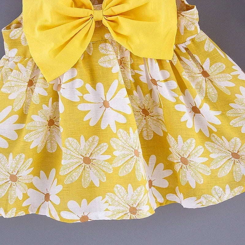 Girls' Floral Printed Little Fresh Daily Sweet Princess Dress with Bow