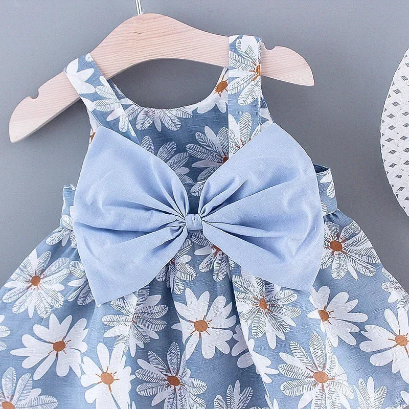 Girls' Floral Printed Little Fresh Daily Sweet Princess Dress with Bow