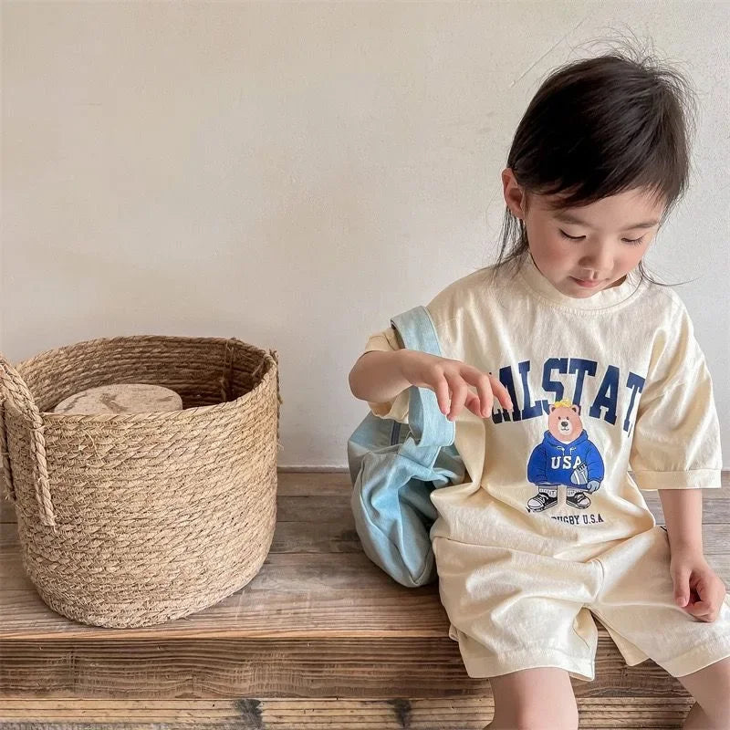 Girls Clothing Set Cartoon Bear T-Shirt and Shorts Suit Kid Casual Top Bottom Clothing Tracksuit