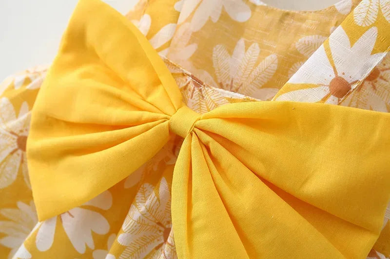 Girls' Floral Printed Little Fresh Daily Sweet Princess Dress with Bow