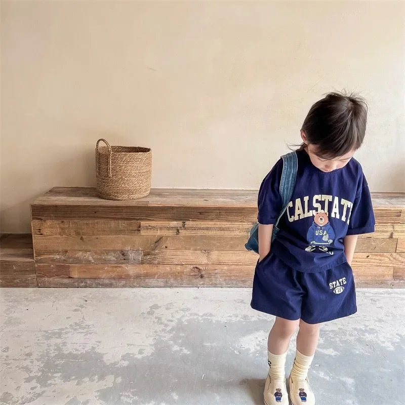 Girls Clothing Set Cartoon Bear T-Shirt and Shorts Suit Kid Casual Top Bottom Clothing Tracksuit