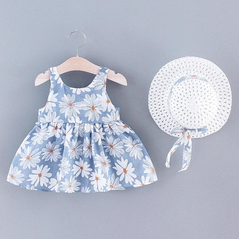 Girls' Floral Printed Little Fresh Daily Sweet Princess Dress with Bow