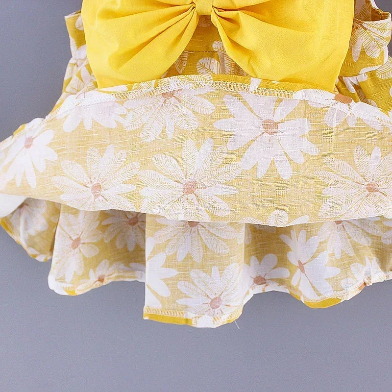 Girls' Floral Printed Little Fresh Daily Sweet Princess Dress with Bow