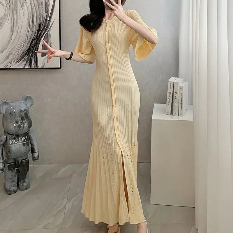 Openwork French Slimming A-line Short-Sleeve Knitted Dress, Fishtail Long Dress for Women