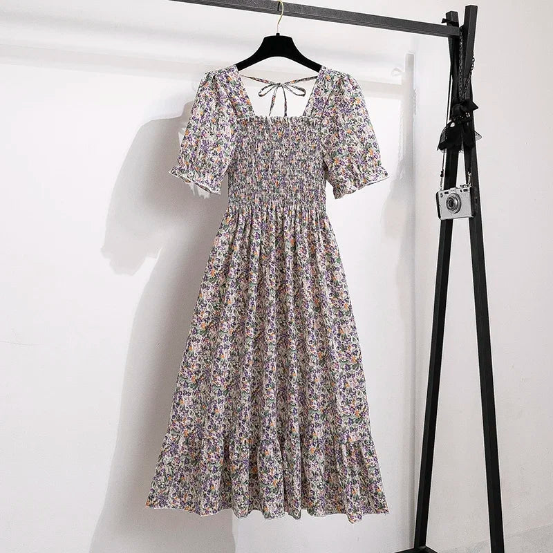 Chiffon Dress Fashion Women Elastic Waist Short Sleeve Pleated Casual Dress Women A-Line Dress Vestidos