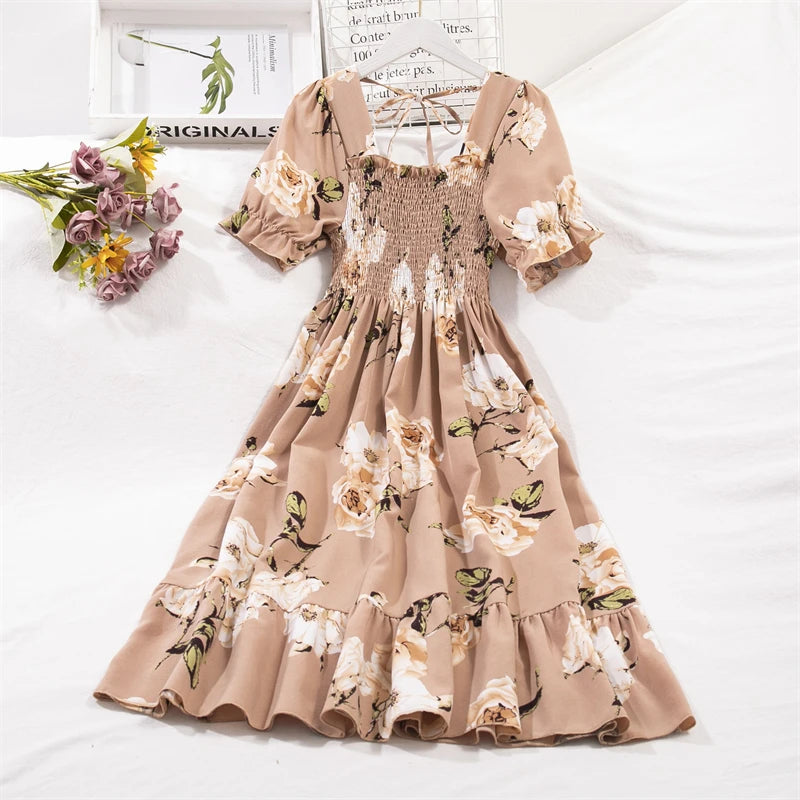 Chiffon Dress Fashion Women Elastic Waist Short Sleeve Pleated Casual Dress Women A-Line Dress Vestidos
