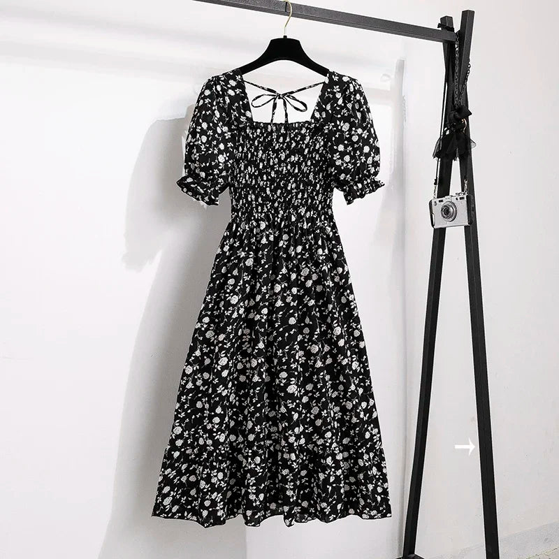Chiffon Dress Fashion Women Elastic Waist Short Sleeve Pleated Casual Dress Women A-Line Dress Vestidos