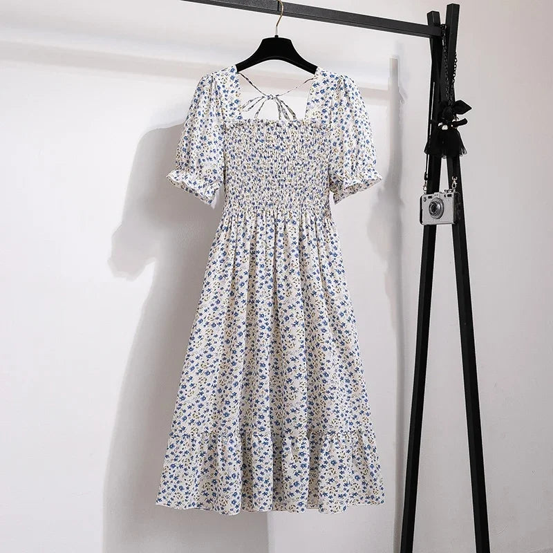 Chiffon Dress Fashion Women Elastic Waist Short Sleeve Pleated Casual Dress Women A-Line Dress Vestidos