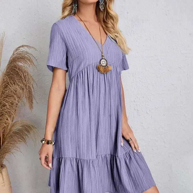 Women's Peplum Dress Spring V-Neck Short Sleeve Loose Waist Ruffle Fit Flare Vocation Dress