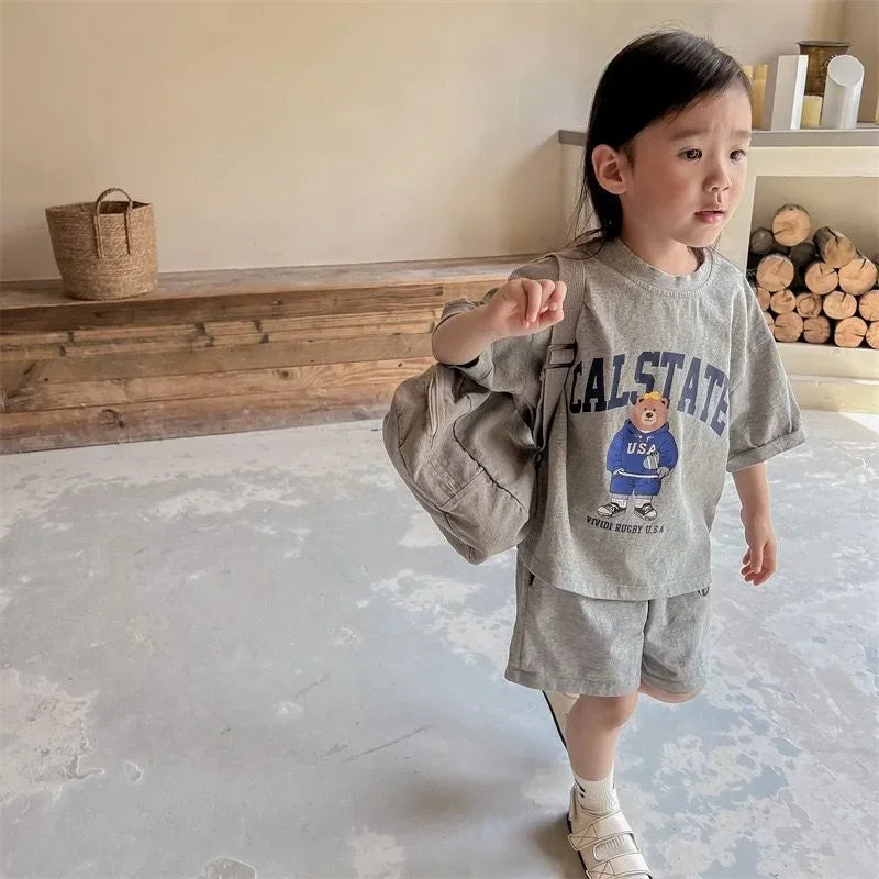 Girls Clothing Set Cartoon Bear T-Shirt and Shorts Suit Kid Casual Top Bottom Clothing Tracksuit