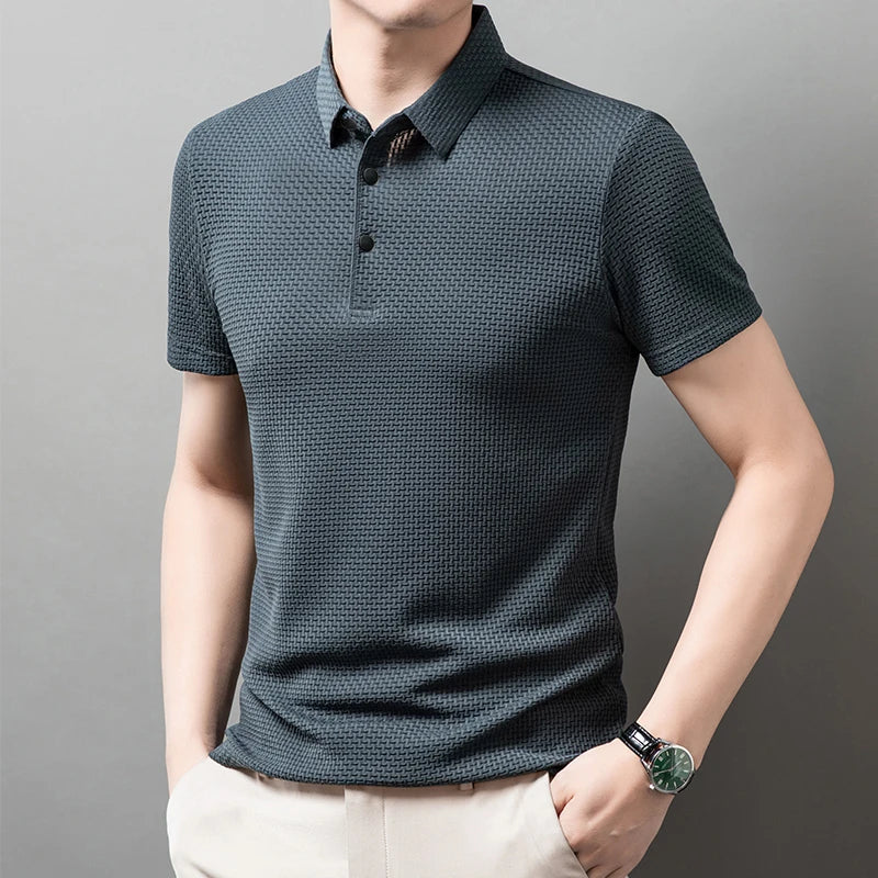 Men's Casual Short Sleeve Bone Floral Solid Color Polo Shirt Fashionable Breathable Comfortable