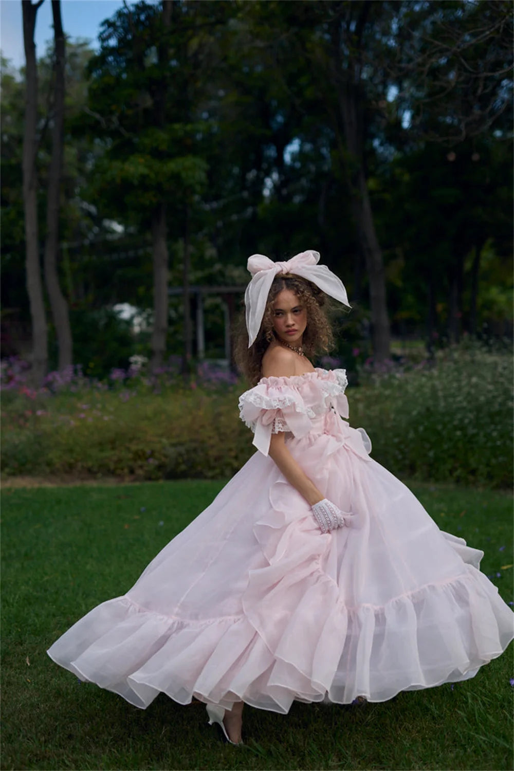 Sansa  Pink Off Shoulder Prom Dress Sweet Edge Curl Organza Vestidos De Noche Puffy Prom Dress Customized