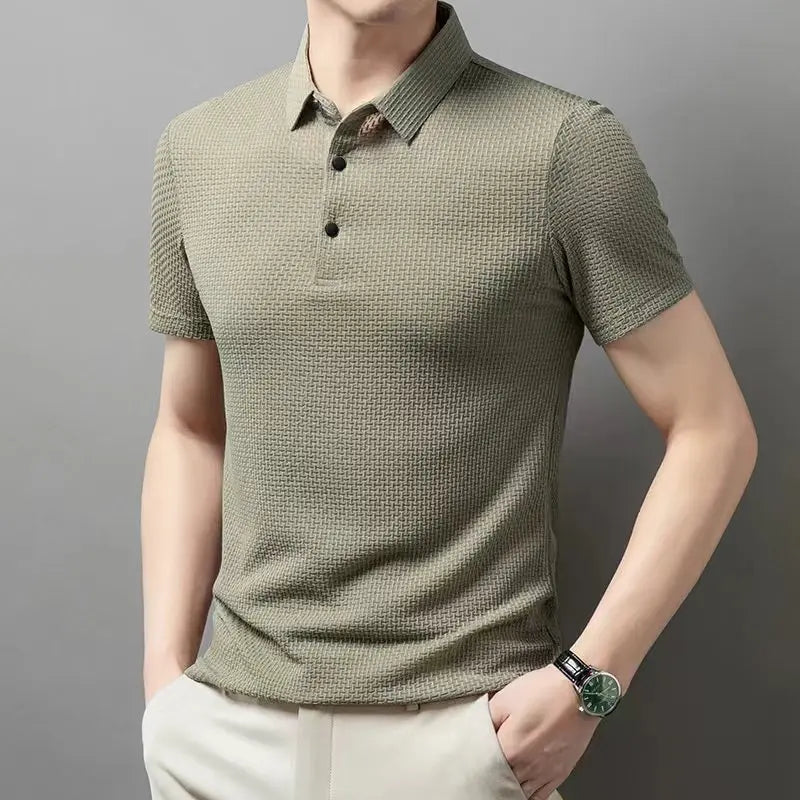 Men's Casual Short Sleeve Bone Floral Solid Color Polo Shirt Fashionable Breathable Comfortable