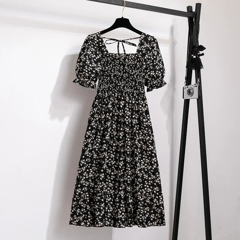 Chiffon Dress Fashion Women Elastic Waist Short Sleeve Pleated Casual Dress Women A-Line Dress Vestidos