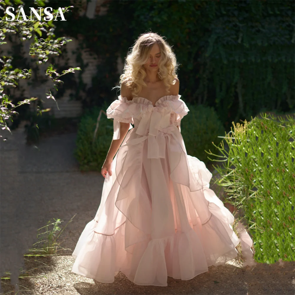 Sansa  Pink Off Shoulder Prom Dress Sweet Edge Curl Organza Vestidos De Noche Puffy Prom Dress Customized