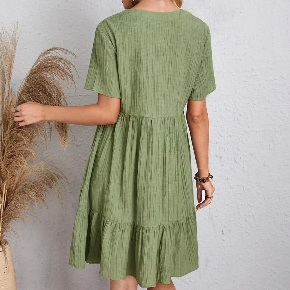 Women's Peplum Dress Spring V-Neck Short Sleeve Loose Waist Ruffle Fit Flare Vocation Dress