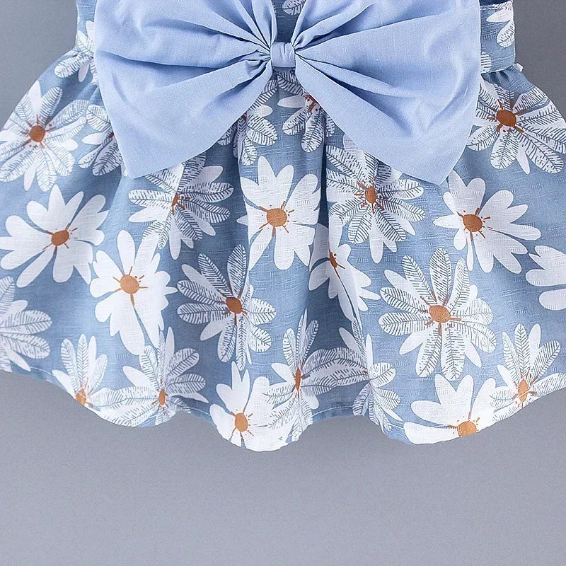 Girls' Floral Printed Little Fresh Daily Sweet Princess Dress with Bow