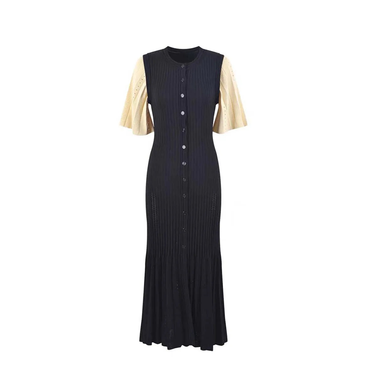 Openwork French Slimming A-line Short-Sleeve Knitted Dress, Fishtail Long Dress for Women