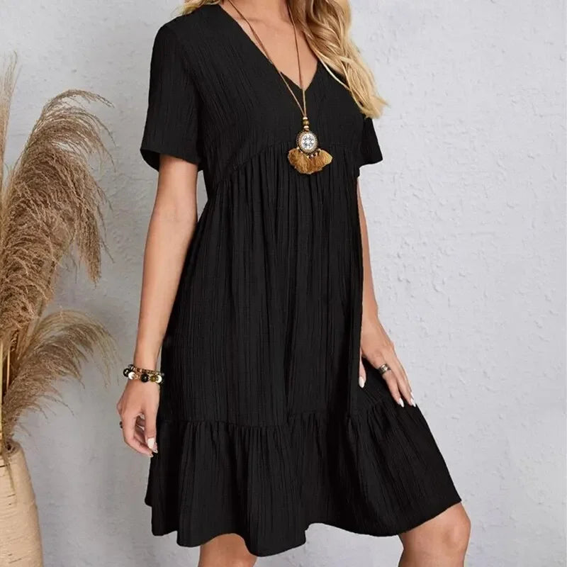 Women's Peplum Dress Spring V-Neck Short Sleeve Loose Waist Ruffle Fit Flare Vocation Dress
