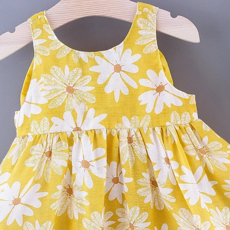 Girls' Floral Printed Little Fresh Daily Sweet Princess Dress with Bow