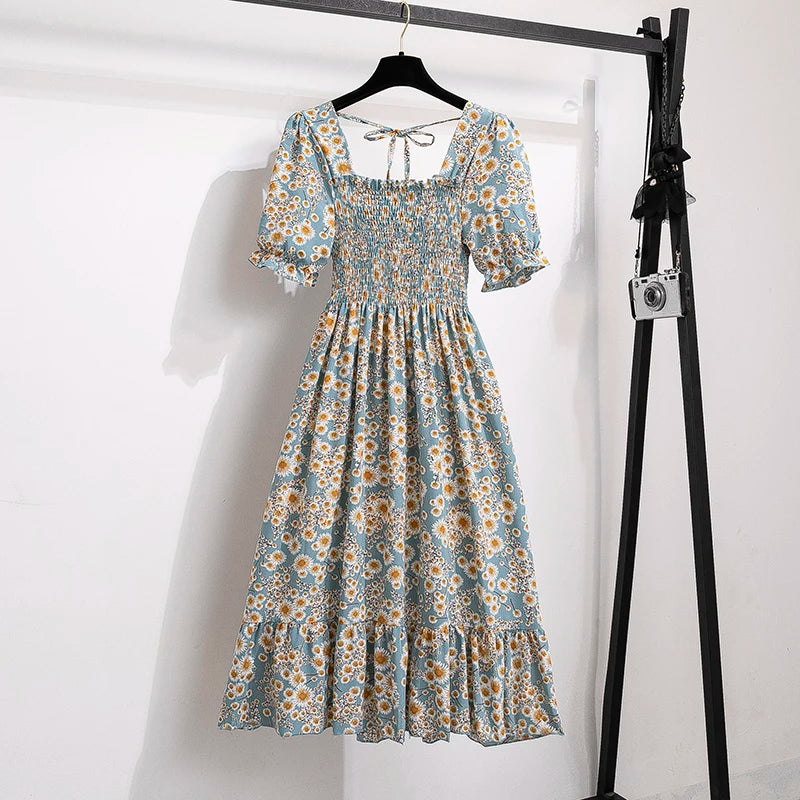 Chiffon Dress Fashion Women Elastic Waist Short Sleeve Pleated Casual Dress Women A-Line Dress Vestidos